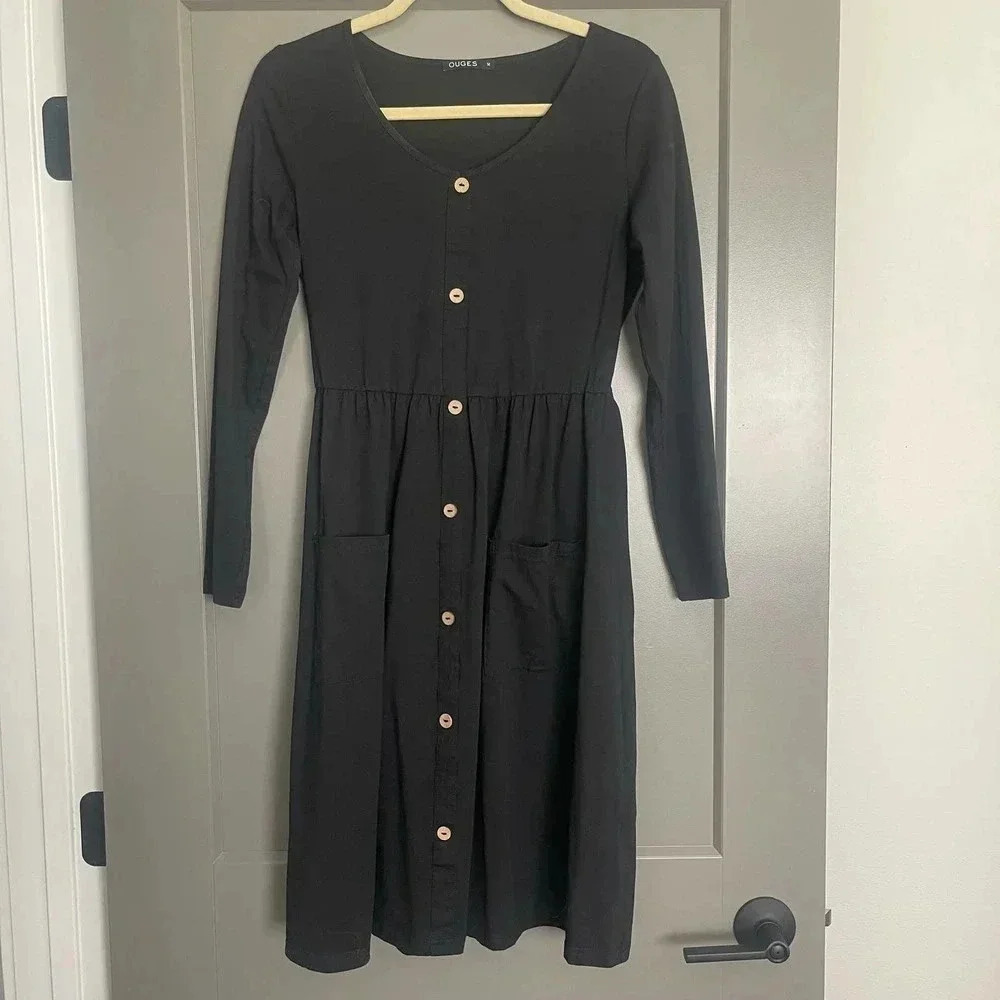 Ouges Womens Stretch Round Neck Long Sleeve Button Front Dress‎ Black Medium